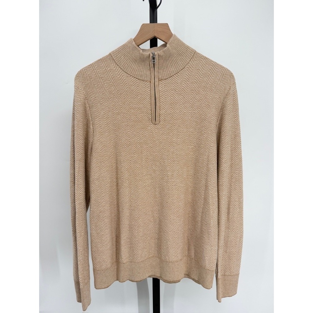 Bonobos Mens Quarter Zip Sweater Cotton Cashmere Herringbone Mock Neck Tan Knit